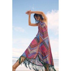 Farm Rio Colorful Bandana Coverup Halter Fringe Maxi Size M NWT